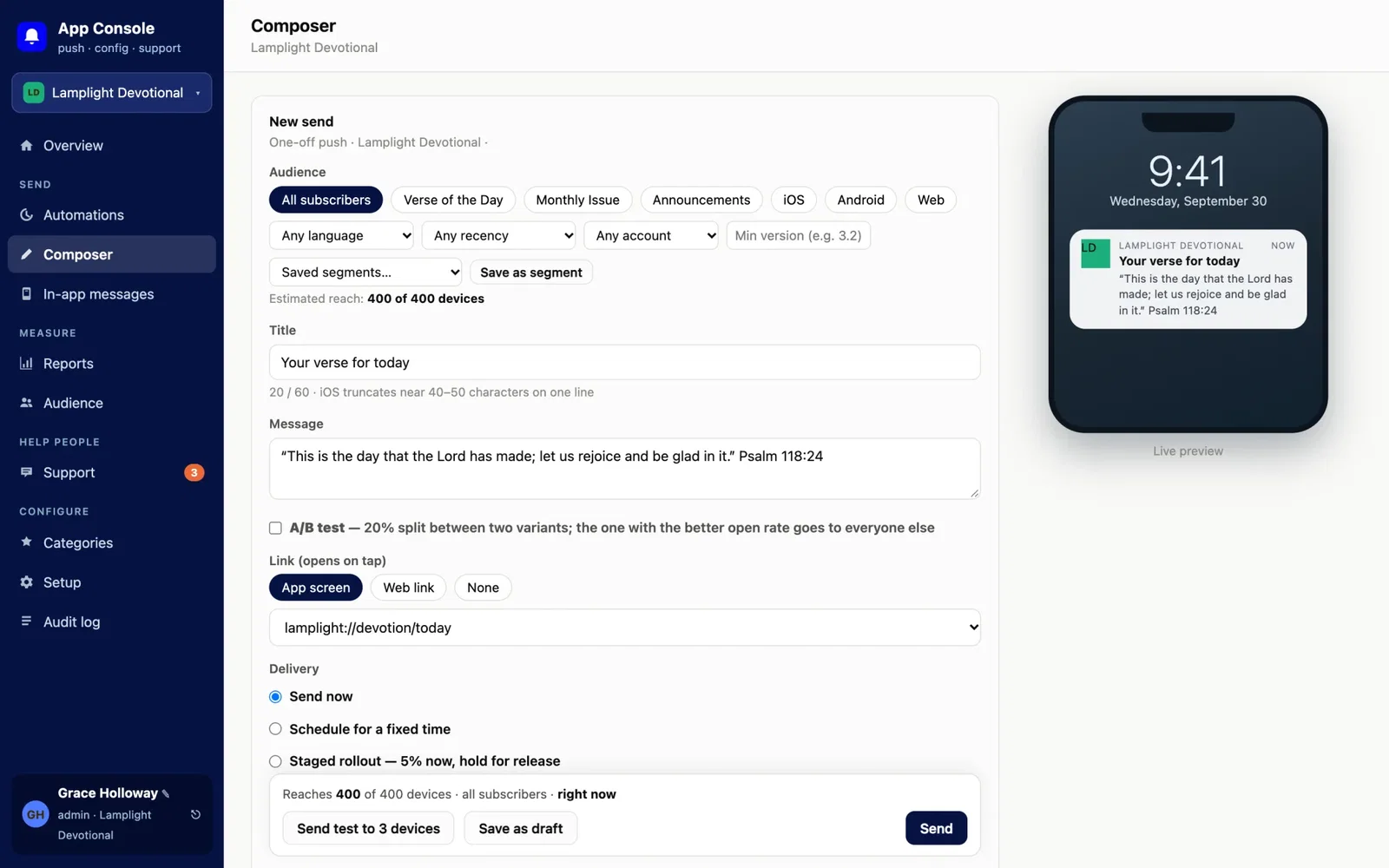 Notification composer with audience filters, a title and Bible-verse message, an app-screen link and delivery options, beside a live phone lock-screen preview.