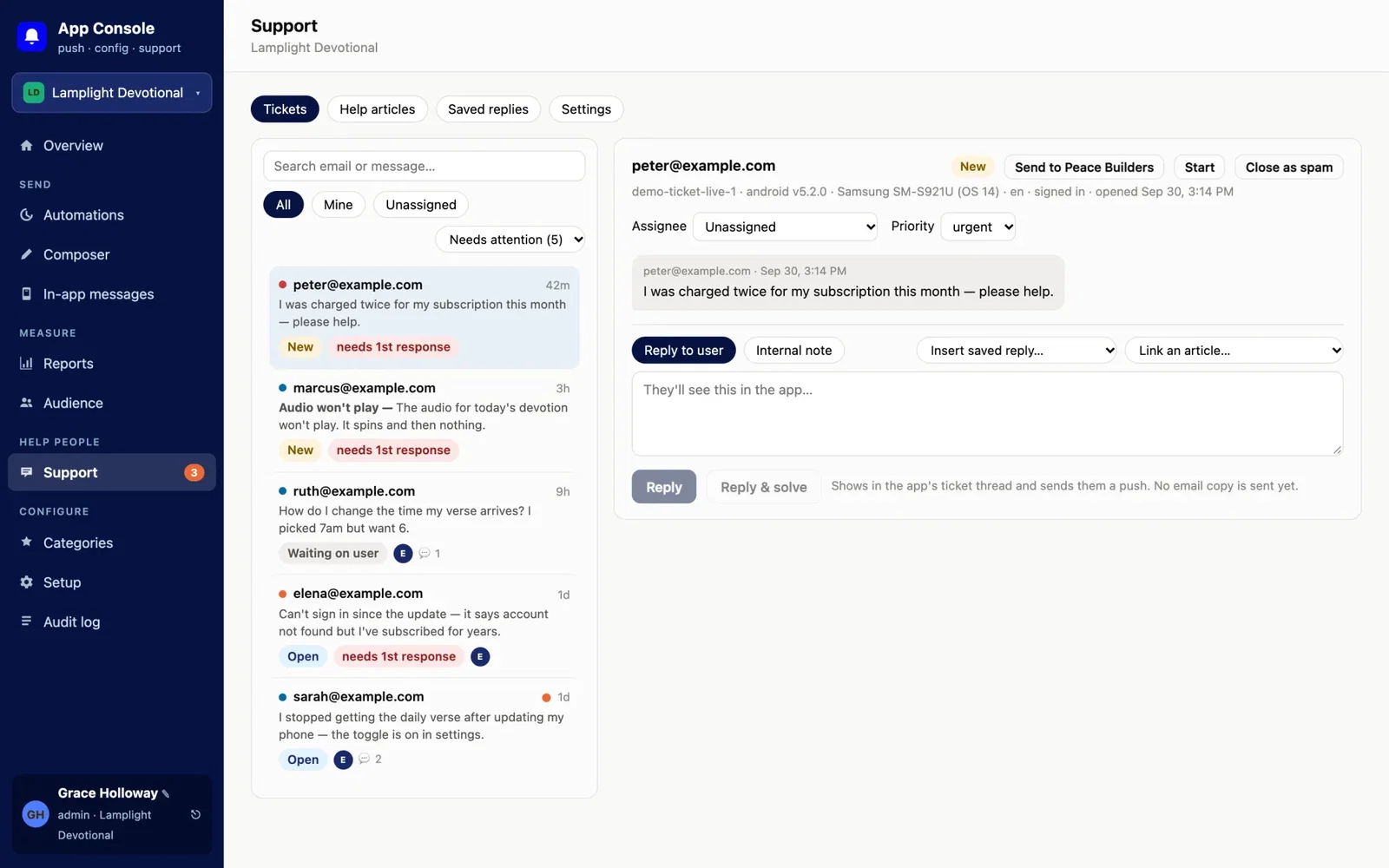 Support inbox listing tickets from app users, with one ticket open, a reply box, saved replies and an option to send the issue to the developer.