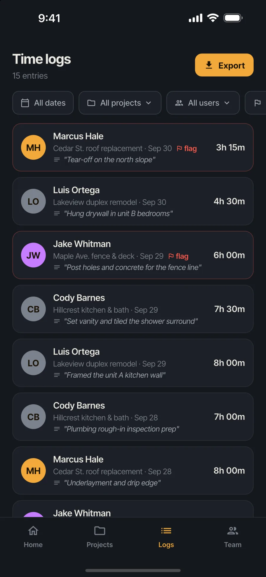 Time log list on a phone showing each worker’s entries by job site, with hours, notes and red flags on out-of-range entries.