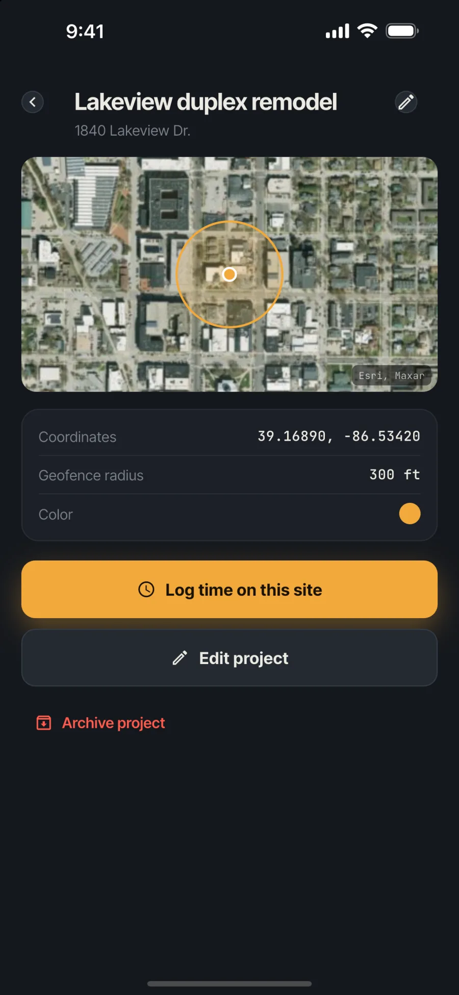 Job-site screen on a phone with a satellite map, the site pin and a 300-foot geofence circle, plus a button to log time on this site.