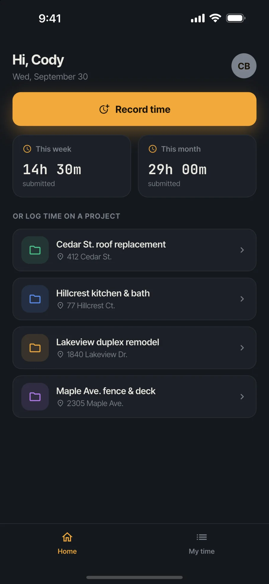 Worker home screen on a phone with a Record time button, hours this week and this month, and a list of job sites to log time against.