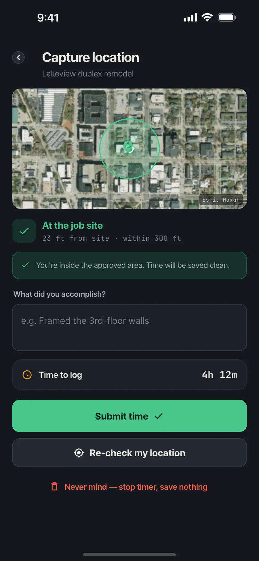 Location check on a phone showing the worker inside the job-site circle, marked At the job site, with a green Submit time button.