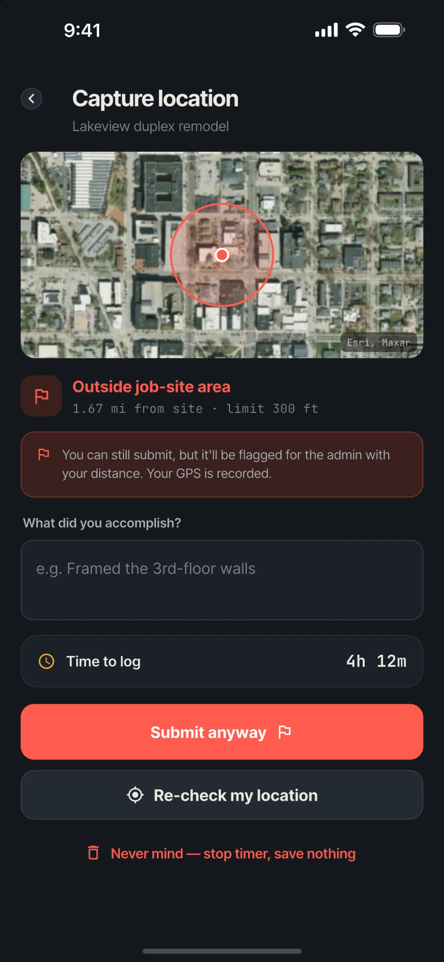 Location check on a phone showing the worker 1.67 miles from the site, marked Outside job-site area, with a red Submit anyway button.