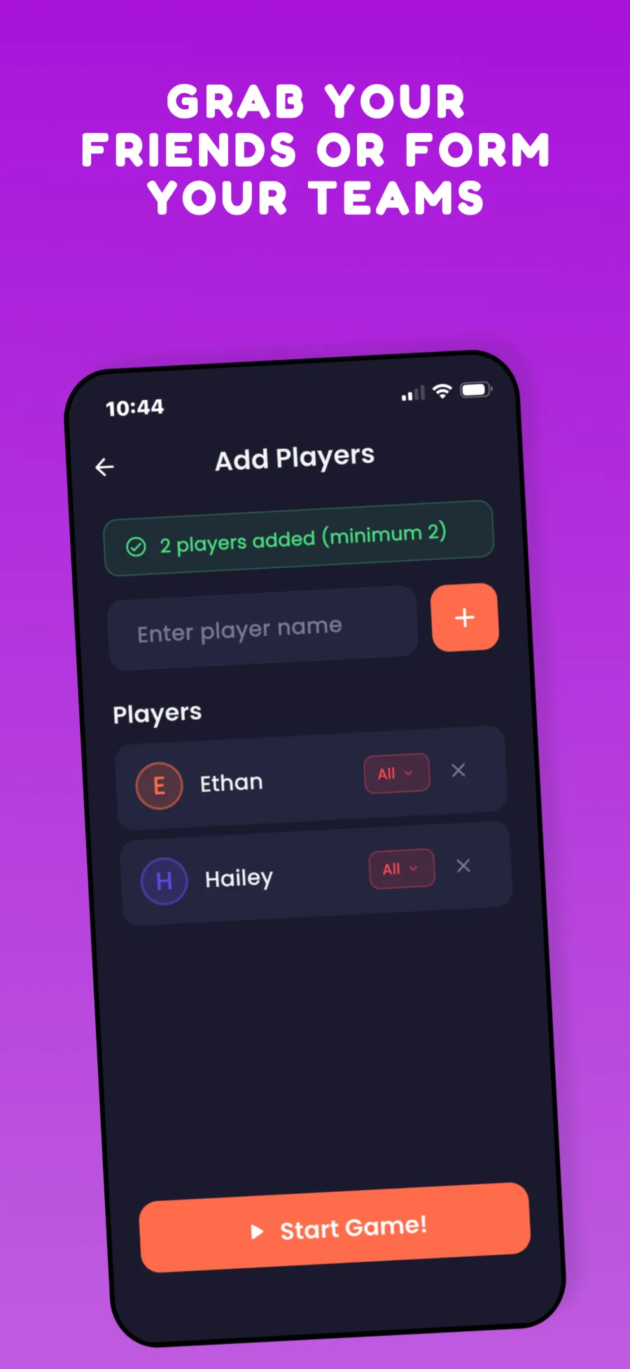 Add Players screen on iPhone listing two players, each with a difficulty setting, and a Start Game button.