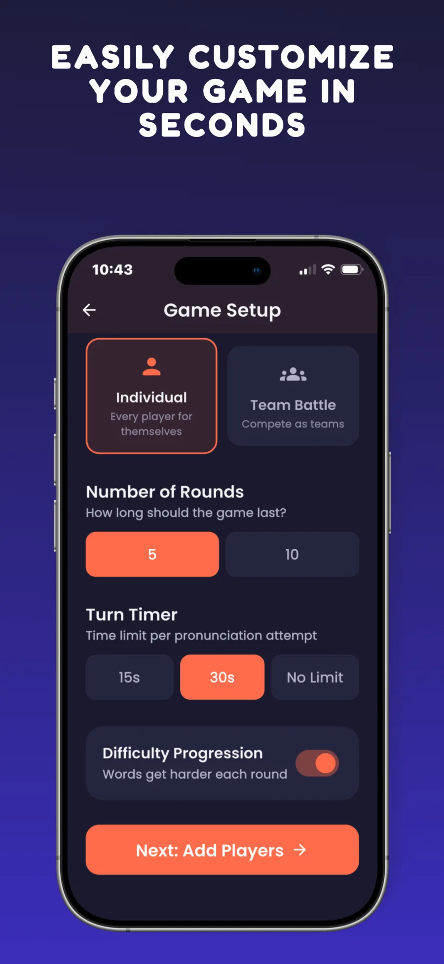 Game Setup screen on iPhone choosing individual or team play, 5 or 10 rounds, a 30-second turn timer and difficulty progression.