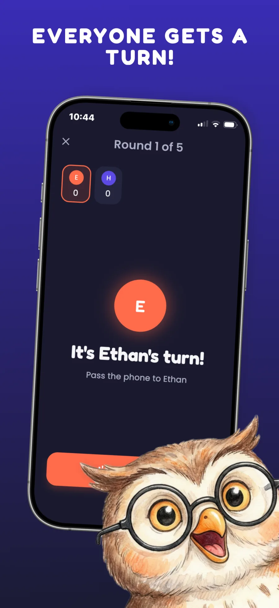 Turn screen on iPhone announcing it is Ethan’s turn in round 1 of 5 and telling the group to pass him the phone.