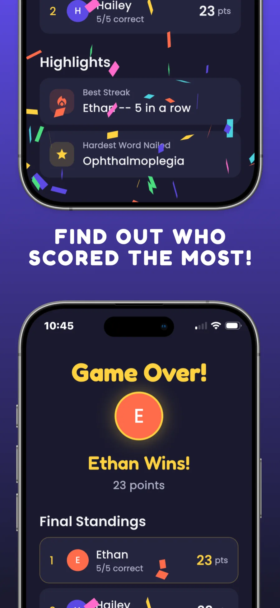 Game Over screen on iPhone showing Ethan wins with 23 points, highlights for best streak and hardest word, and final standings.