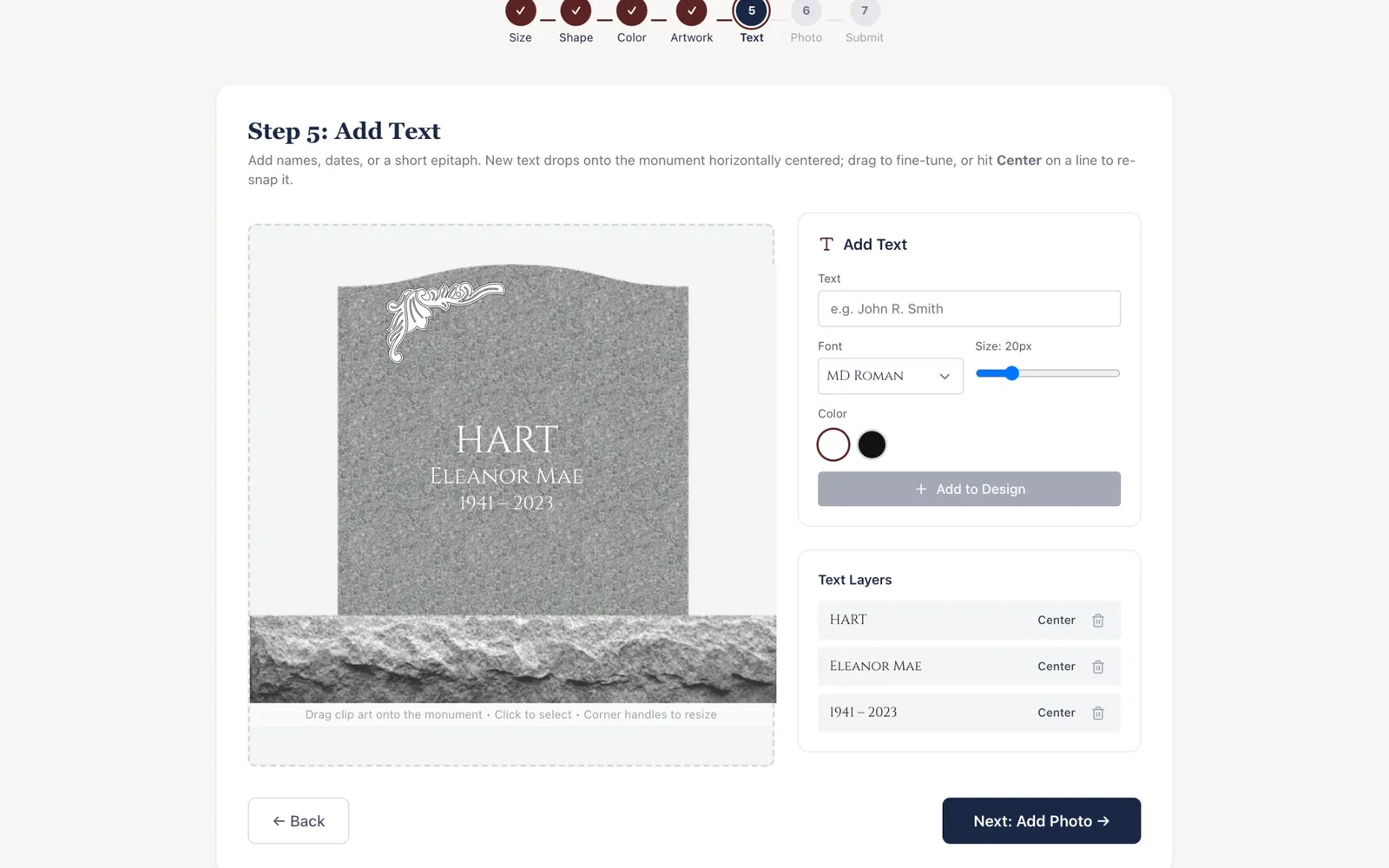 Monument designer step 5: the name Hart, Eleanor Mae and 1941 to 2023 engraved on the headstone preview, with font and size controls.