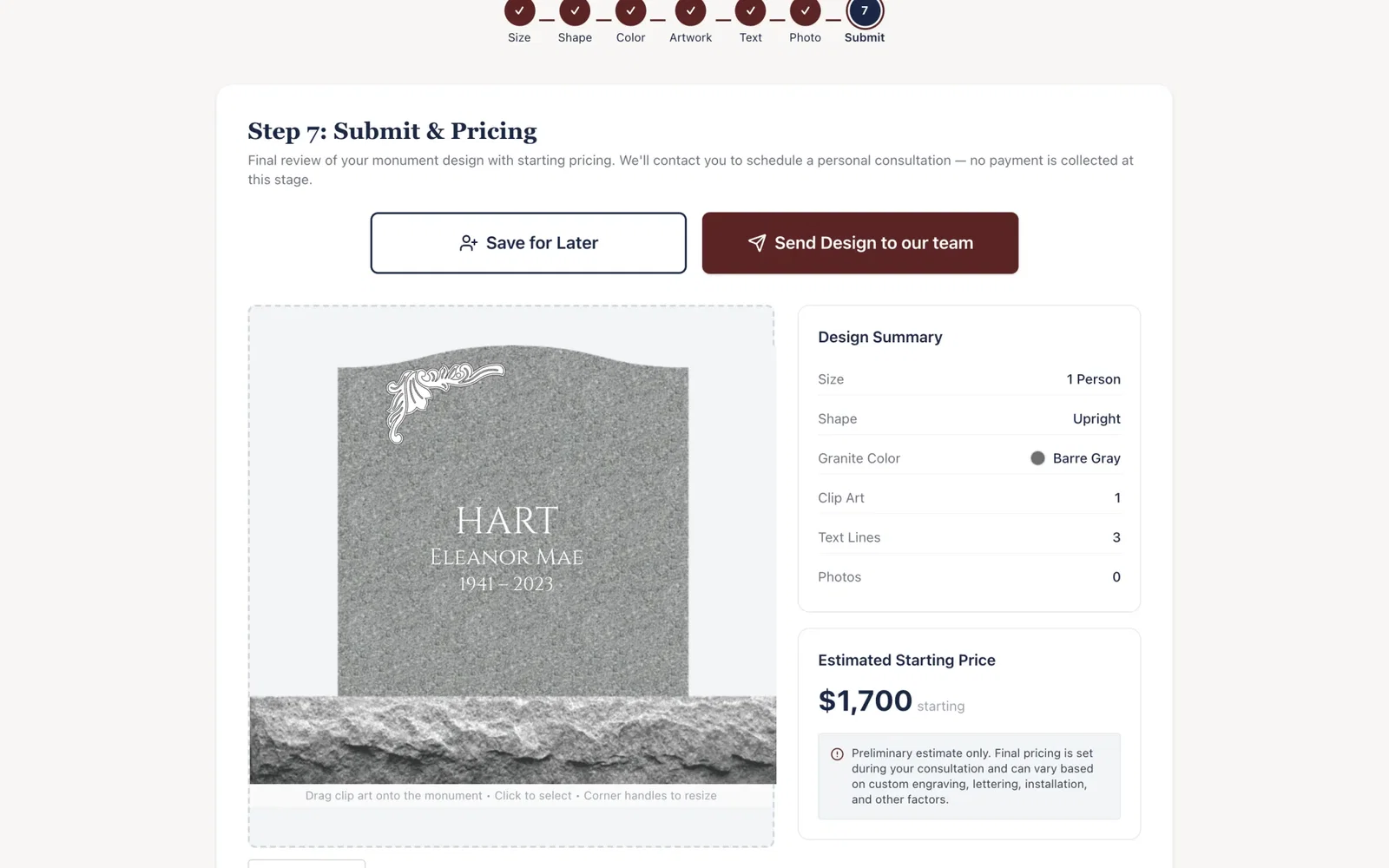 Monument designer step 7: the finished headstone design, a design summary and an estimated starting price, with Save for Later and Send buttons.