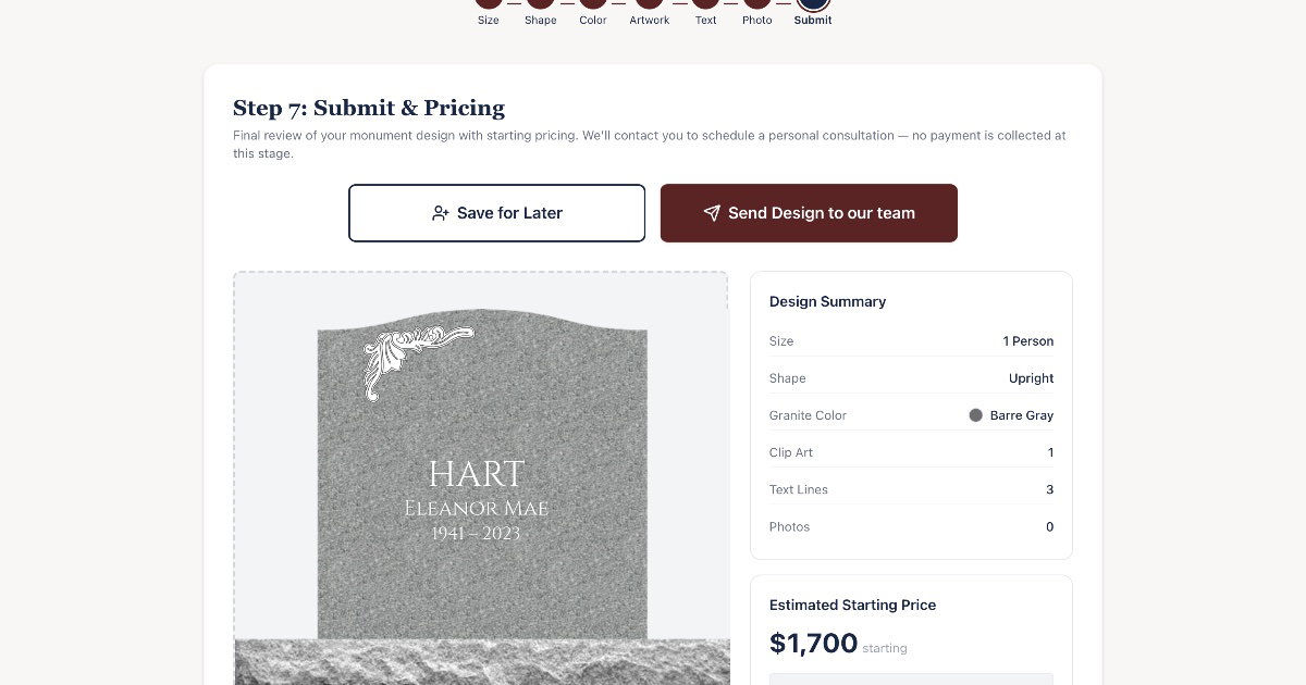 An online monument designer that turns late-night research into consultations