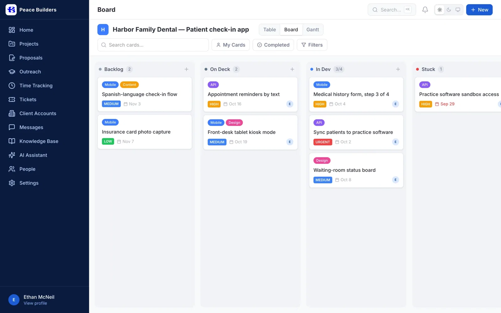 Kanban board for a patient check-in app project, with cards across Backlog, On Deck, In Dev and Stuck columns, each with labels, priority and due date.