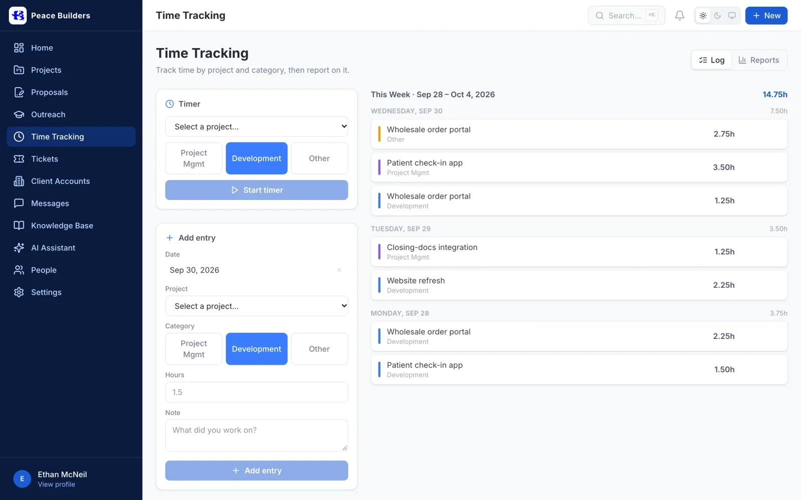 Time tracking screen with a project timer, a quick-entry form and this week’s logged hours grouped by day and project.