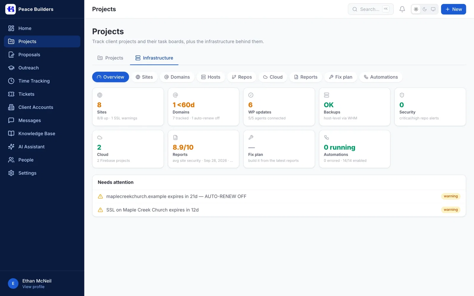 Infrastructure overview with tiles for sites, domains, WordPress updates, backups, security and automations, plus two items needing attention.
