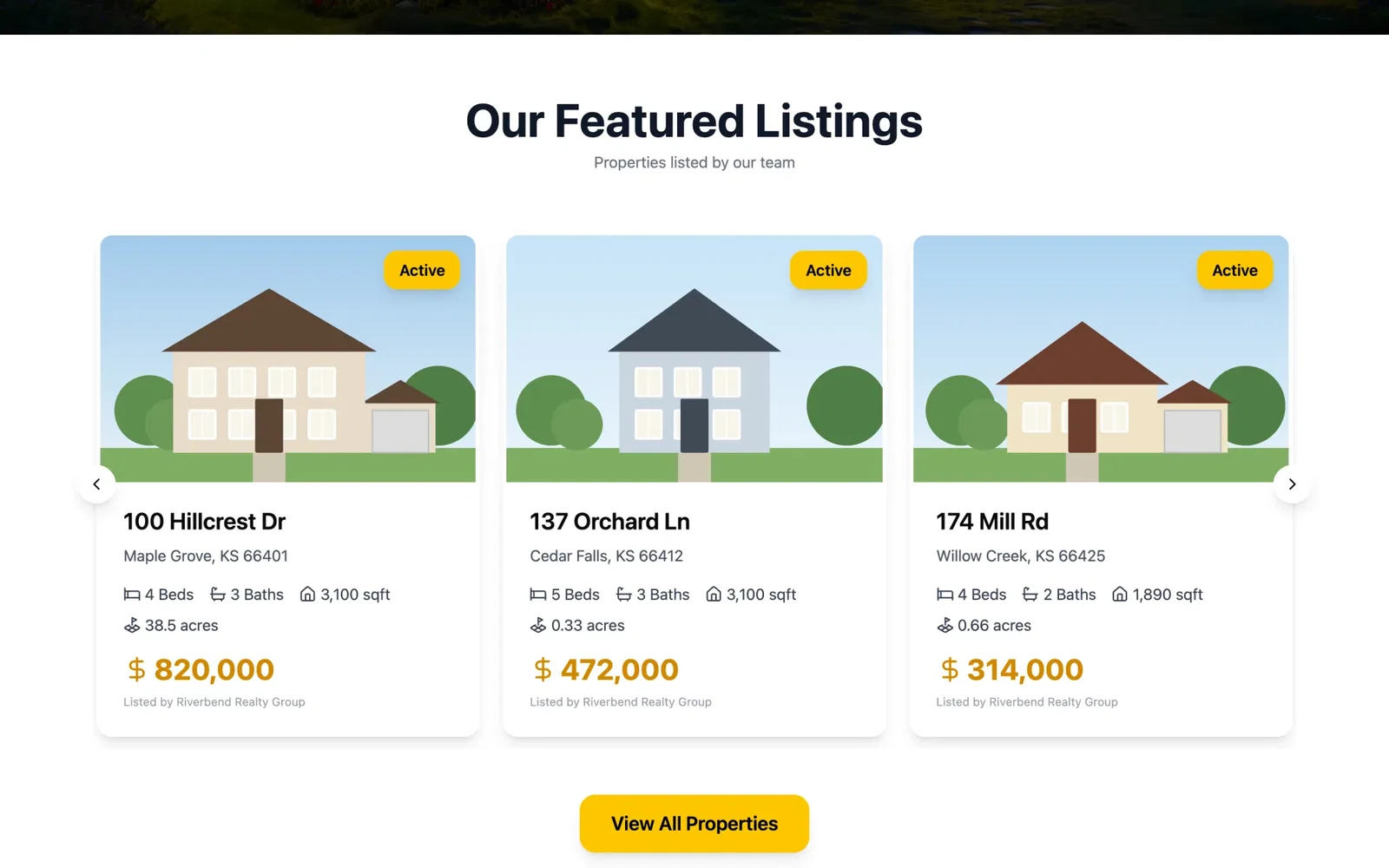 Featured listings carousel on a brokerage website: sample homes with price, beds, baths, square feet and acreage.