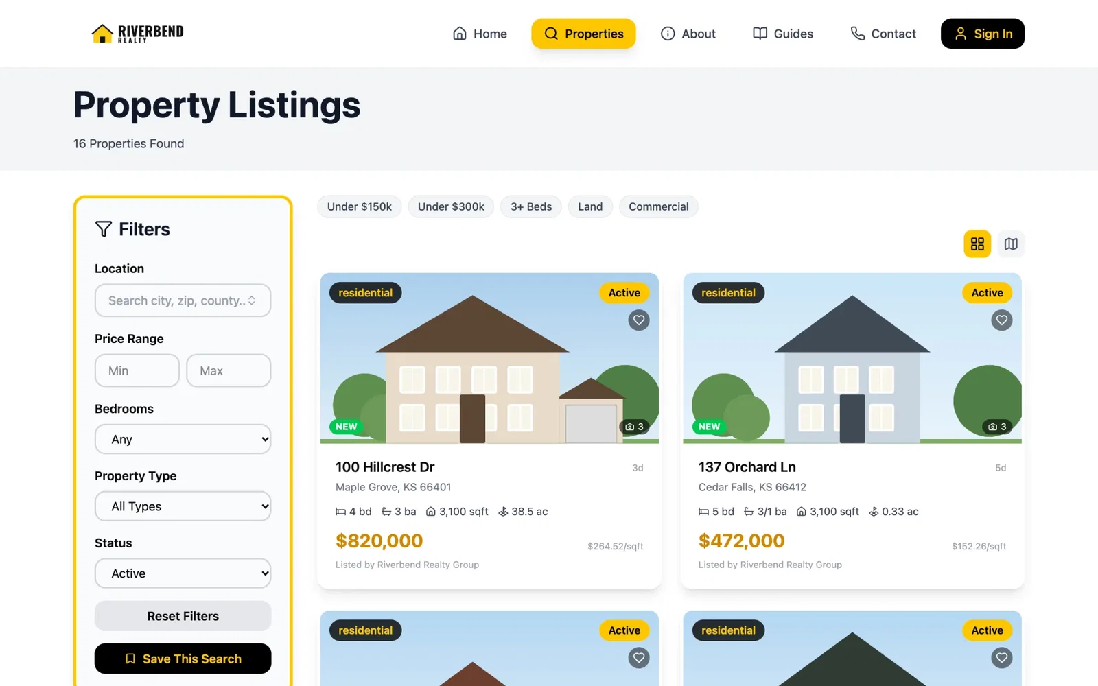 Property search page with filters for location, price, bedrooms, property type and status beside a grid of sample listings.