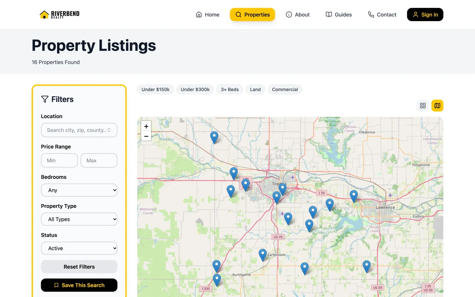 Map view of listing search with pins for sample properties on an interactive map, beside the search filters.