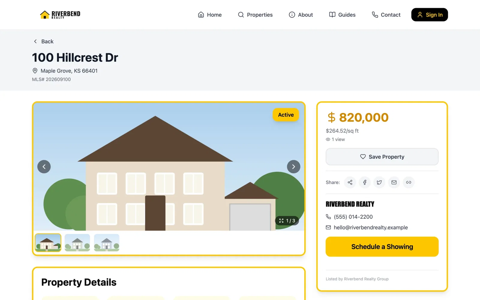 Listing detail page for a sample home with a photo gallery, price, save and share buttons, agent contact and a Schedule a Showing button.