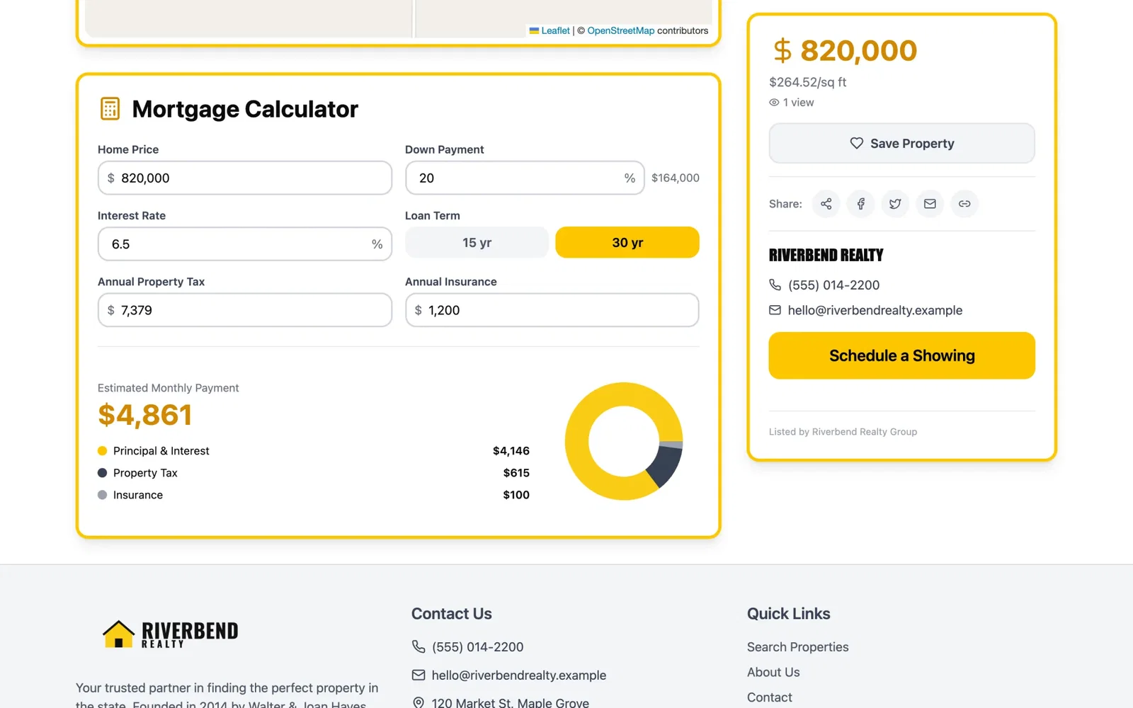 Mortgage calculator on a listing page estimating the monthly payment from price, down payment, interest rate, term, taxes and insurance.