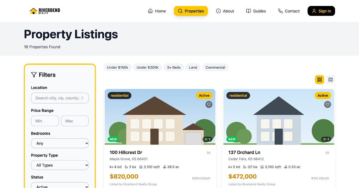 Brokerage website listing search with filters and a grid of sample homes.
