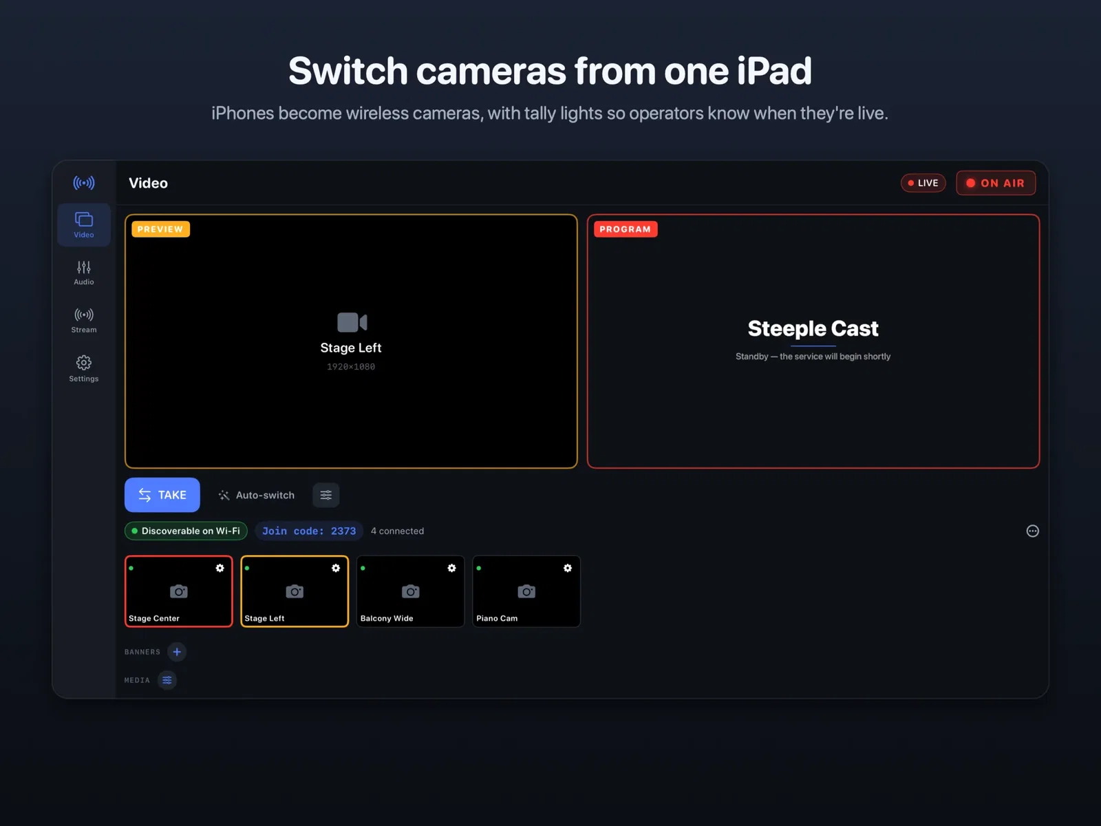 Steeple Cast video screen on iPad: preview and program monitors above four wireless iPhone cameras and a Take button.