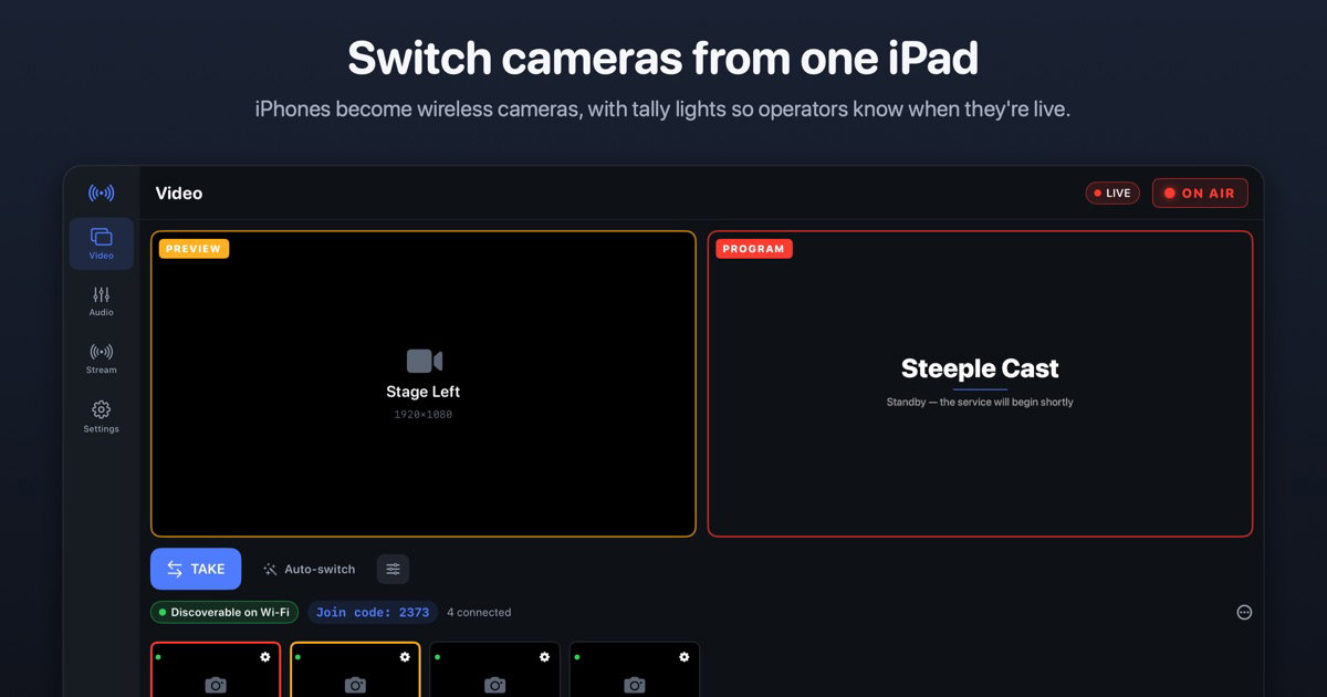 Multi-camera church streaming, run from one iPad