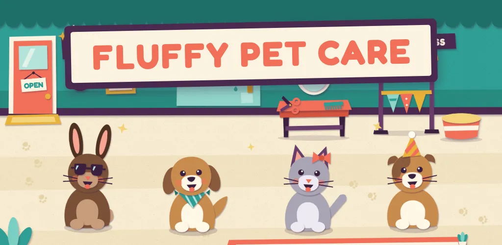 A bunny, two puppies and a kitten waiting at the Fluffy Pet Care salon