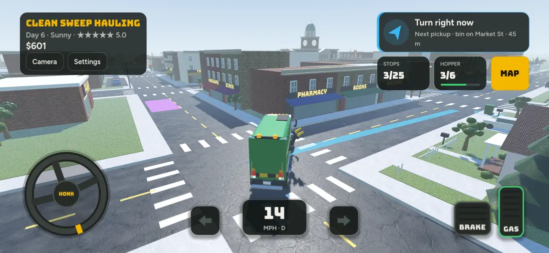 Driving the Smash Trash garbage truck along its route with the GPS line to the next bin