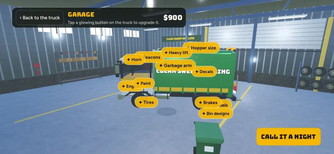 The garage screen where players upgrade their garbage truck
