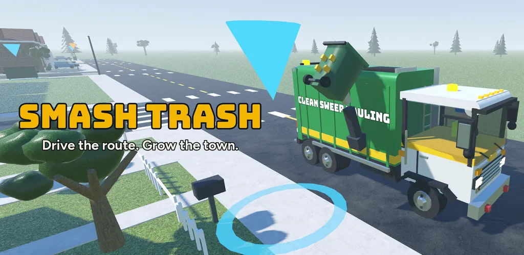 A green Smash Trash garbage truck lifting a bin on a small-town street